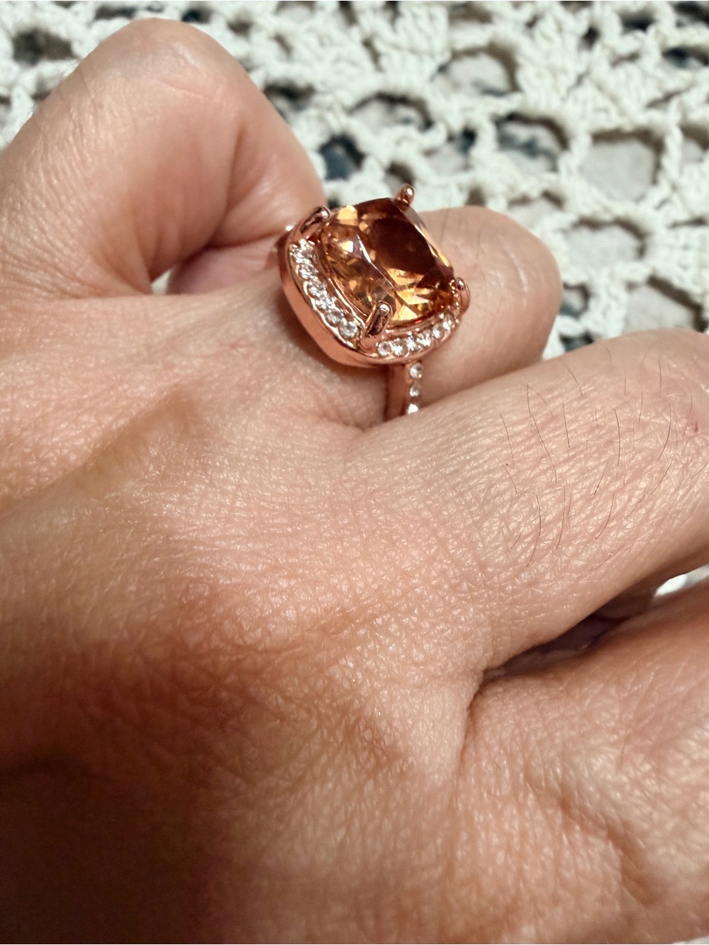 New elegant halo ring 18k rose gold plated morganite cubic zirconia size 7‎